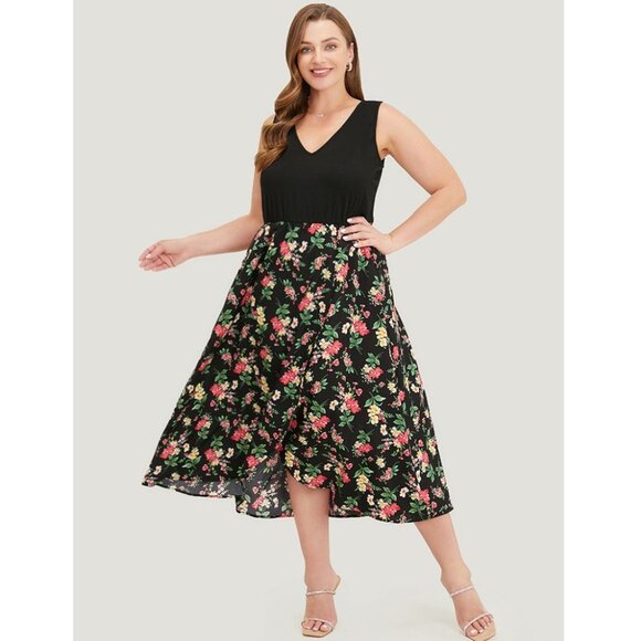 NWT BloomChic Black Floral Patchwork Pocket Asymmetrical Hem Tank Dress Sze 10/M - Picture 1 of 1